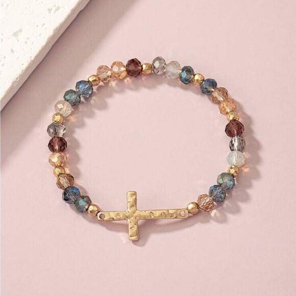 Elegant Multicolor Beaded Bracelet with Gold Cross A966 - Picture 1 of 3